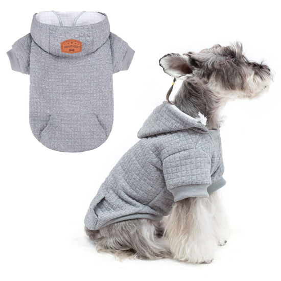 Picture of BEAUTYZOO Small Dog Hoodie Sweater with Pockets, Dog Clothes for Small Medium Dogs Boy Girl, Waffle-like Laminated Cotton Pet Coats with Hat and Leash Hole, All Weather Coat for Puppy Doggie Chihuahua