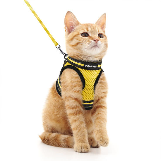 Picture of rabbitgoo Cat Harness and Leash Set for Walking Escape Proof, Adjustable Soft Kittens Vest with Reflective Strip for Cats, Comfortable Outdoor Vest, Bright Yellow, M