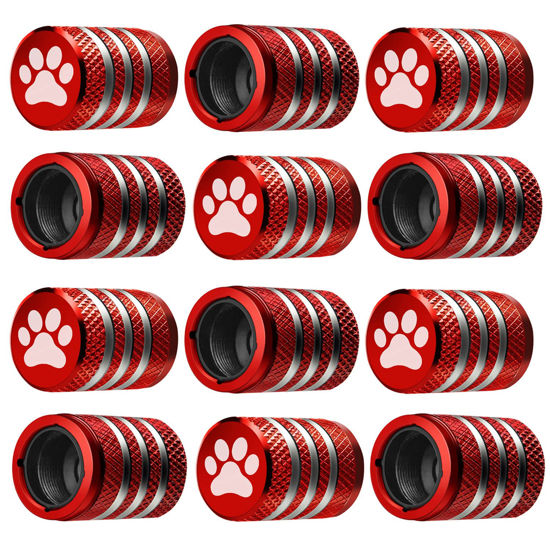 Picture of Tire Valve Stem Cap Cover - (12 Pack) Tire Air Caps Metal with Plastic Liner Corrosion Resistant Leak-Proof Cat/Dog Paw for Car Truck Motorcycle Bike Red