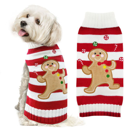 Picture of DOGGYZSTYLE Dog Christmas Sweater Xmas Pet Clothes Cute Striped Gingerbread Man Costume Holiday Puppy Cat Jumpers Outfits New Year Gifts for Small Medium Large Dogs(Red Gingerbread Man,XS)