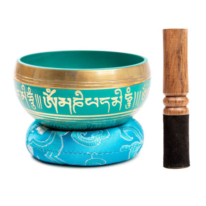 Picture of Tibetan Singing Bowl Set Bronze - Master Healing Grade - Authentic Handcrafted Sound Bowl by Himalayan Bazaar (Turquoise)