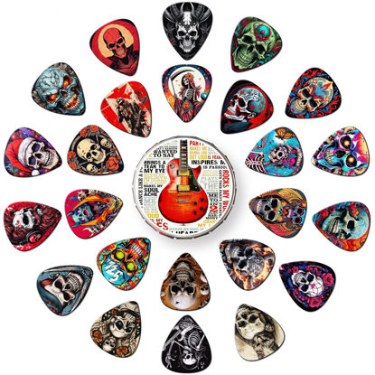 Picture of Guitar Picks, 24 Pack Guitar Pick Skull Design 0.46 0.71 0.96 1.20mm Thin, Medium, Heavy Guitar Pics,Guitar Pick Variety Pack,Guitar Picks for Acoustic Guitar Electric Guitar Bass (Set -7)