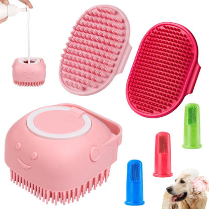 Picture of Comotech 3PCS Dog Bath Brush | Dog Shampoo Brush | Dog Scrubber for Bath | Dog Bath Brush Scrubber | Dog Shower/Washing Brush with Adjustable Ring Handle for Short&Long Haired Dogs (Pink Red Pink)
