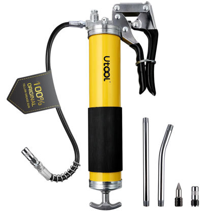 Picture of UTOOL Grease Gun, 8000 PSI Heavy Duty Pistol Grip Grease Gun Kit with 14 oz Capacity, 18 Inch Resin Flex Hose, 2 Basic Coupler, 2 Extension Rigid Pipe and 1 Sharp Type Nozzle
