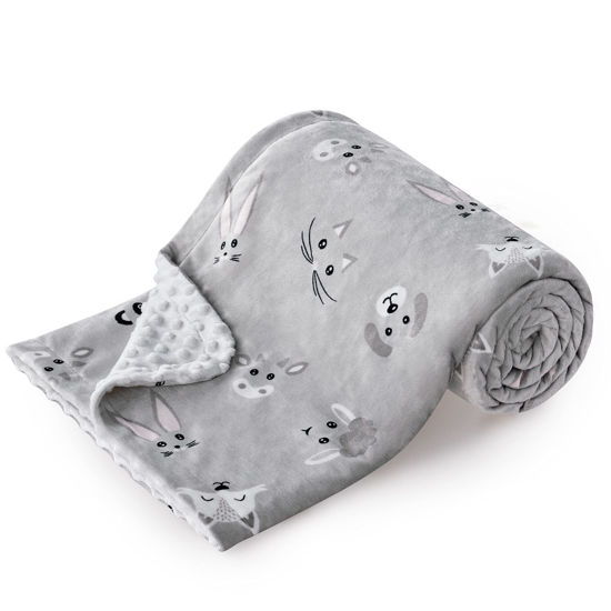 Picture of DaysU Silky Micro Soft Plush Baby Blankets Unisex with Print Animal Pattern and Soothing Raised Dots, Double Layer Bed Throws for Baby Crib, Animal Faces, Grey, 30x40 Inches