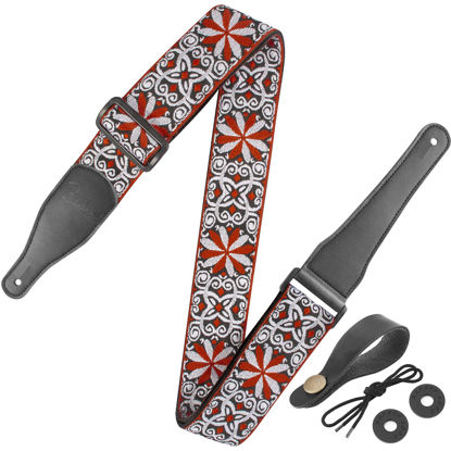 Picture of Guitar Strap, Jacquard Embroidered Cotton Straps with Genuine Leather Ends Shoulder Strap for Bass, Acoustic, Electric Guitar (Retro Orange)