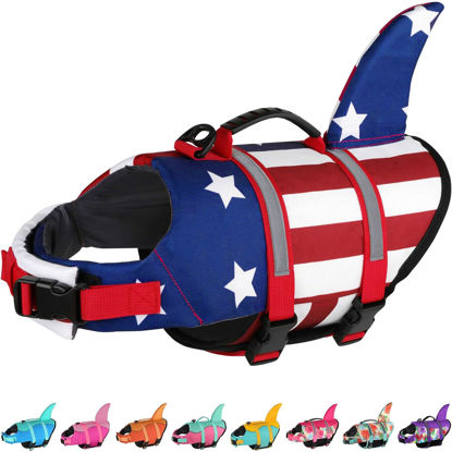 Picture of Dogcheer Dog Life Jacket Shark, American Flag Dog Life Vest with Reflective Stripes & Rescue Handle, Adjustable High Buoyancy Dog Swim Vest for Small Medium Large Dogs(Red & Dark-Blue, XS)