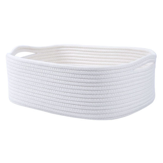 Picture of Woven Cotton Rope Storage Basket, Cube Changing Table Organizer for Closet Towels, Baby Nursery Bin, Small Dog Cat Toy Box, Gift Baskets empty (White)