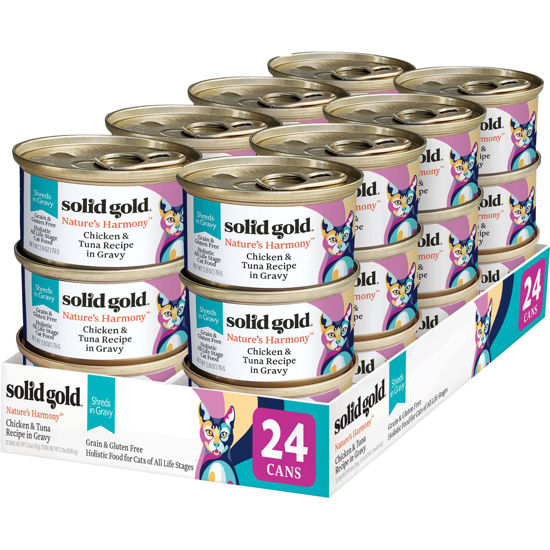 Picture of Solid Gold Canned Cat Food - Nature's Harmony Wet Cat Food Shreds in Gravy - Grain & Gluten Free Cat Wet Food Made with Real Chicken & Tuna for Sensitive Stomach Support & Digestive Health - 24 Pack
