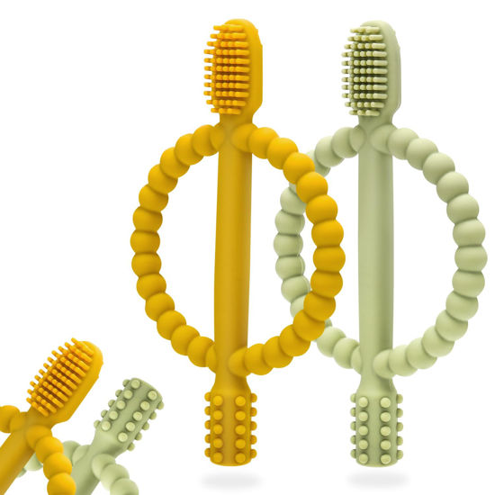 Picture of Baby Teething Toys with Easy-Hold Handle, Silicone Infant Toothbrush, Textured On Both Sides Helps Massage, Soothe Sore Gums, Teething Toys for Babies 0-6 Months, 6-12 Months