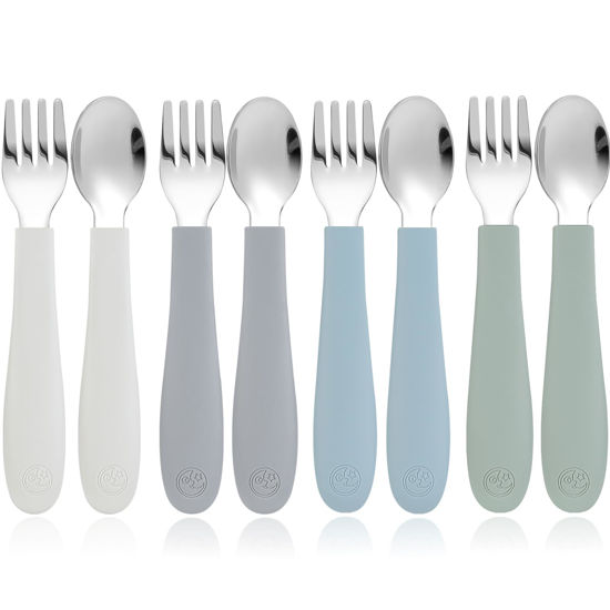 Picture of CoixFoam 8 Pieces Toddler Utensils, Toddler Safe Silverware Set With Food Grade Silicone Hanlde, 18/8 Stainless Steel, Perfect Length For New Self Feeders, Dishwasher Safe