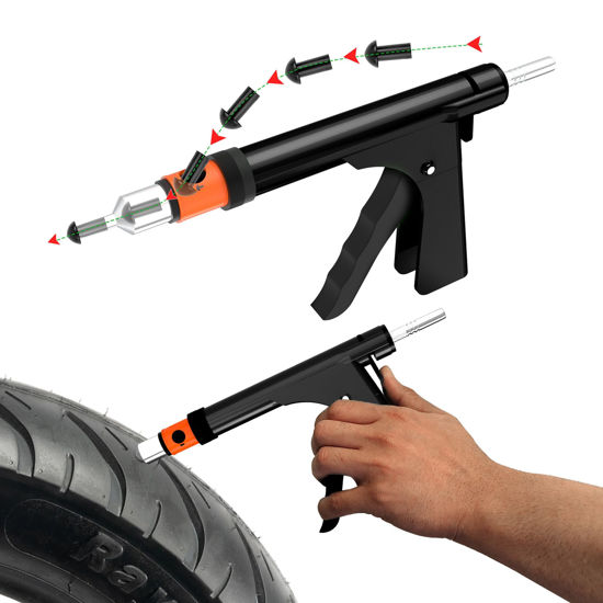 Picture of GRAND PITSTOP Tubeless Tire Gun Puncture Repair Kit with Mushroom Plug for Tyre Punctures and Flats on Cars, Motorcycles, ATV, Trucks & Tractors (Gun Puncture Kit with Hole 15 Plugs, Black)