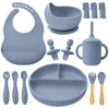 Picture of LITTLE RAWR Silicone Baby Feeding Set 14 Pcs,Baby Led Weaning Supplies, Baby Spoons Suction Bowl Divided Plate Bib Cup Finger Brush,First Stage Solid Food Eating Utensils - 6+ Months(Blue Gray)