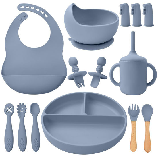 Picture of LITTLE RAWR Silicone Baby Feeding Set 14 Pcs,Baby Led Weaning Supplies, Baby Spoons Suction Bowl Divided Plate Bib Cup Finger Brush,First Stage Solid Food Eating Utensils - 6+ Months(Blue Gray)