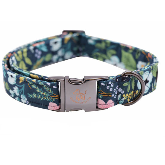 Picture of Elegant little tail Dog Collar, Floral Pet Collar Durable Darkblue Flower Dog Collars Male or Female Holiday Pet Gift Adjustable Dog Collar for Small Dogs