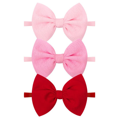 Picture of YanJie Valentines Bows for Girls - Red and Pink Headband Bows - Newborn Valentines Day Hair Accessories - 3 Pack - Soft Nylon Baby Hairband - One Size Fits All - Suitable for Baby Girls and Toddlers