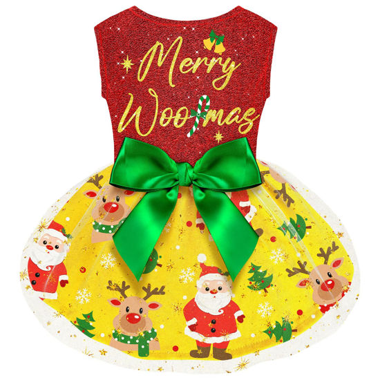 Picture of Dog Christmas Outfit Dog Dresses, Dog Christmas Costume Clothes for Dogs Funny Puppy Dress with Bow for Small Large Dogs, Pumpkin Witch Bat Pet Costume Halloween Christmas