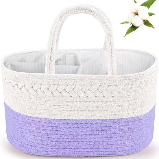 Picture of ABenkle Baby Diaper Caddy, Nursery Storage Bin and Car Organizer for Diapers and Baby Wipes, Cotton Rope Diaper Basket Caddy, Changing Table Diaper Storage Caddy Baby Gift Baskets -Purple