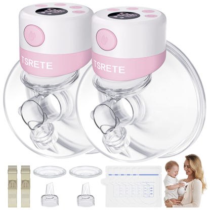 Picture of TSRETE Double Wearable Breast Pump, Electric Hands-Free Breast Pumps with 2 Modes, 9 Levels, LCD Display, Memory Function Rechargeable Milk Extractor-24mm Flange, Pink