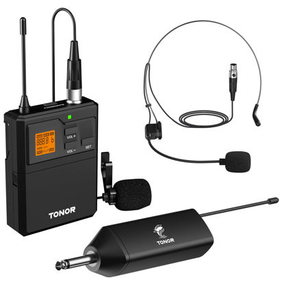 Picture of TONOR UHF Wireless Microphone System with Headset Mic/Lavalier Lapel Mic, Bodypack Transmitter, Rechargeable Receiver, 15 Channels 200ft Range 1/4" Output for Recording Live Performance PA Speaker