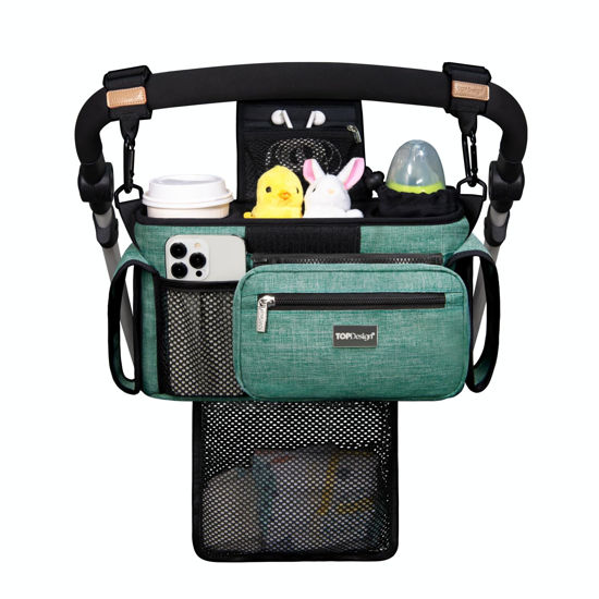 Picture of TOPDesign Universal Baby Stroller Organizer, Stroller Caddy with Detachable Mesh Bag & Heightened Insulated Cup Holders & Non-Slip Secure Hooks Accessories, Fits Most Strollers (Green)