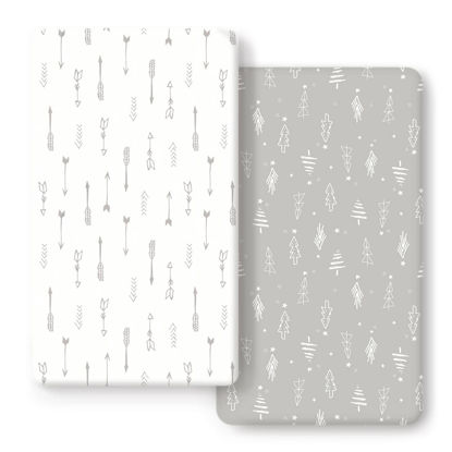 Picture of GRSSDER Stretchy Ultra Soft Jersey Knit Fitted Crib Sheets Set 2 Pack, Cozy Crib Sheet Fits All Standard Crib Mattress Pads, Christmas Trees and Arrows