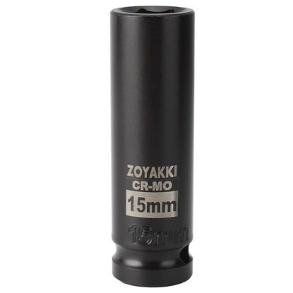 Picture of ZOYAKKI 1/2" Drive x 15 mm Deep 6 PT Impact Socket, CR-MO, 1/2-inch Drive 6 Point Axle Nut Socket for Easy Removal of Axle Shaft Nuts (15MM)
