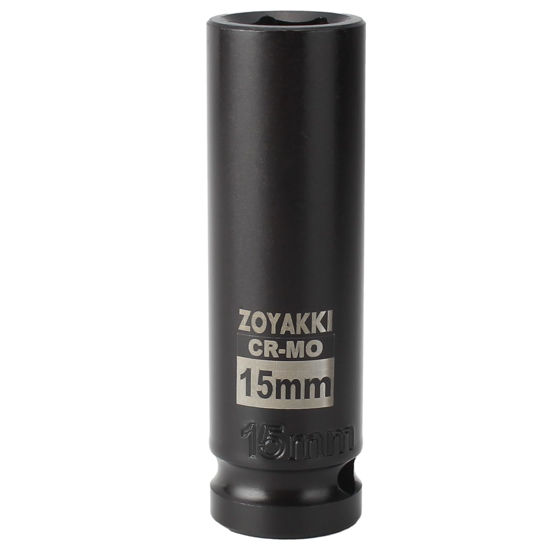 Picture of ZOYAKKI 1/2" Drive x 15 mm Deep 6 PT Impact Socket, CR-MO, 1/2-inch Drive 6 Point Axle Nut Socket for Easy Removal of Axle Shaft Nuts (15MM)