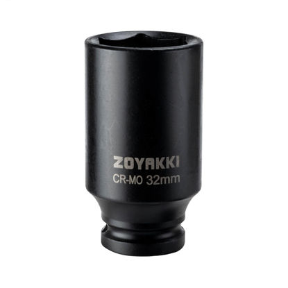 Picture of ZOYAKKI 1/2" Drive x 32 mm Deep 6 PT Impact Socket, CR-MO, 1/2-inch Drive 6 Point Axle Nut Socket for Easy Removal of Axle Shaft Nuts (32MM)