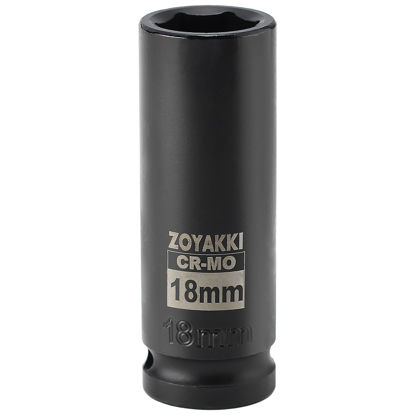 Picture of ZOYAKKI 1/2" Drive x 18 mm Deep 6 PT Impact Socket, CR-MO, 1/2-inch Drive 6 Point Axle Nut Socket for Easy Removal of Axle Shaft Nuts (18MM)