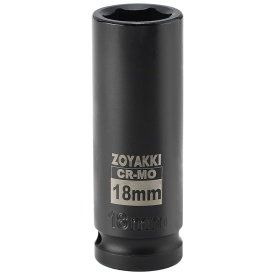 Picture of ZOYAKKI 1/2" Drive x 18 mm Deep 6 PT Impact Socket, CR-MO, 1/2-inch Drive 6 Point Axle Nut Socket for Easy Removal of Axle Shaft Nuts (18MM)