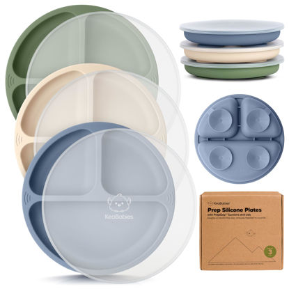 Picture of KeaBabies Suction Plates with Lids for Baby - 3-Pack 100% Silicone Suction Plates for Baby, Kids,Toddler Plates,Divided Baby Plates with Suction,Lids, BPA-Free, Microwave, Dishwasher Safe (Slate)