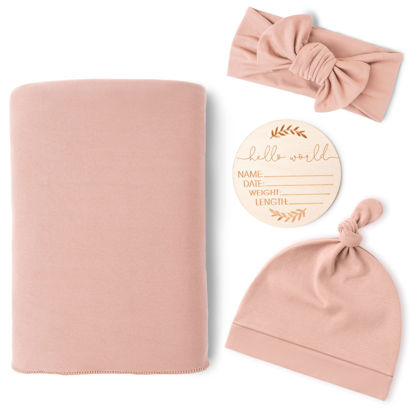 Picture of Konssy Baby Girl Newborn Receiving Blanket with Matching Headband and Beanie Set Baby Swaddle Nursery Swaddle Wrap