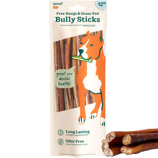 Picture of WOOF Bully Sticks Dog Treats - Chew Sticks for Dogs - Long-Lasting Dog Chew Treats - Dog Products Made with Free-Range, Grass-Fed Beef - 12" Sticks - 5pk