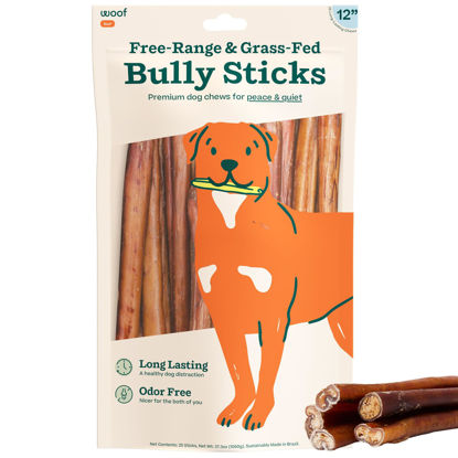 Picture of WOOF Bully Sticks Dog Treats - Chew Sticks for Dogs - Long-Lasting Dog Chew Treats - Dog Products Made with Free-Range, Grass-Fed Beef- 12" Sticks - 25pk