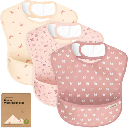 Picture of 3-Pack Waterproof Baby Bibs for Eating - Lightweight Baby Bib with Food Catcher, Mess Proof Toddler Bibs, Waterproof Bibs for Baby Boys, Baby Girls,Feeding Bibs,Drool Bibs,Baby Food Bibs (Butterflies)