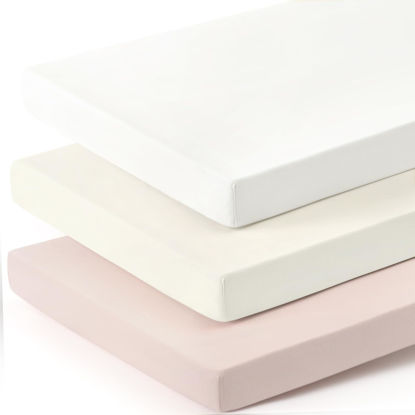 Picture of GRSSDER Mini Crib Sheets Fitted, Pack and Play Sheets 3 Pack, Ultra Soft Stretchy Pack N Play Sheets, Universal Fit for Playard Mattress, Jersey Crib Sheets for Girls, Cream/Pink