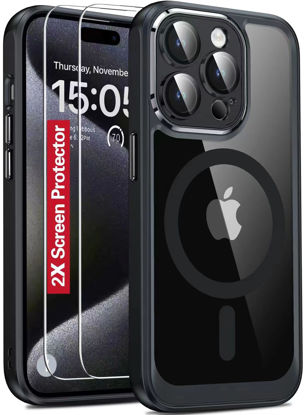 Picture of 𝟐𝟎𝟐𝟑 𝑵𝒆𝒘 Designed for iPhone 15 Pro Case Clear,[2X Screen Protector][30X Anti-Yellow][Compatible with Magsafe][Built-in Camera Protector], 15FT Shockproof iPhone 15 Pro Phone Case 6.1"(Black)