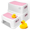 Picture of Pink Toddler Step Stool for Toilet, Two Step Stool for Kids Bathroom with Handle for Potty Training, Non-Slip Girls Small Heavy Duty Plastic Stool for Sink Bed Kitchen Counter (White-Pink)