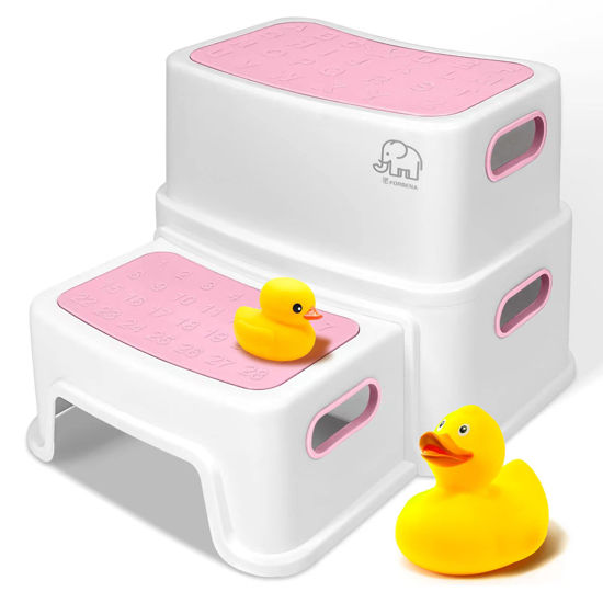 Picture of Pink Toddler Step Stool for Toilet, Two Step Stool for Kids Bathroom with Handle for Potty Training, Non-Slip Girls Small Heavy Duty Plastic Stool for Sink Bed Kitchen Counter (White-Pink)