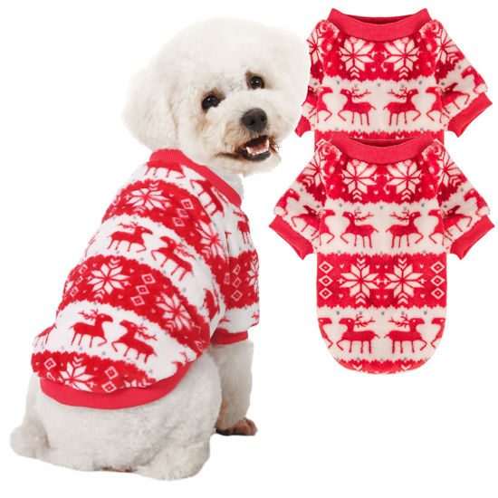 Picture of JAMPAYANG Dog Sweater, 3 Pack Dog Sweaters for Small Dogs or Cats, Girl or Boy, Warm Dog Clothes Shirt Coat for Winter Christmas (Christmas Red, White, Small)