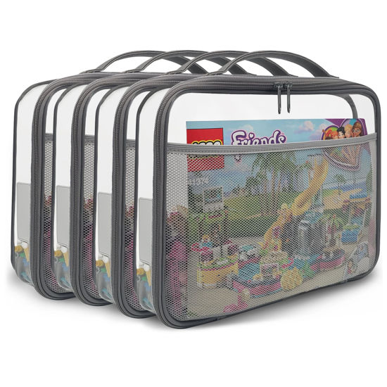Picture of holay 4 Packs PVC Zippered Blocks Set, Toy, Clay, Board game Storage Organizer Case (Name Tag, Manual Pocket) (Gray, Large)