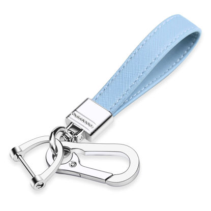 Picture of QBUC Genuine Leather Car Keychain,Universal Heavy Duty Metal Key Chain Accessories,Car Fob Key Keychain Holder with 360 Degree Rotatable Snap Swivel and Anti-Lost D-Ring for Men Women(Light Blue)