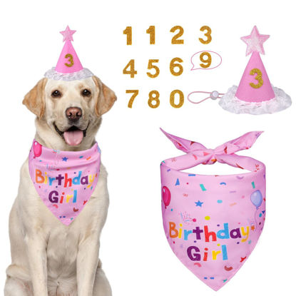 Picture of Yicostar Dog Birthday Decorations, Dog Birthday Hat with Numbers, Girl Dog Birthday Bandana Set for Large Medium Small Dogs, Dog Birthday Present, Pet Supplies (Pink)