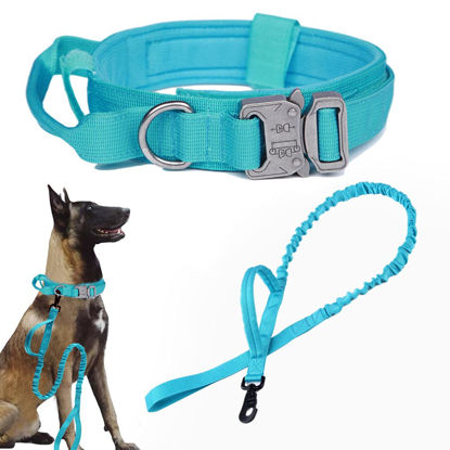Picture of Tactical Dog Collar and Leash Set Tactical Dog Collar with Handle Bungee Leash Adjustable Military Training Nylon Collar Dog Training Collar Leash Set with Control Handleand Metal Buckle（Blue M