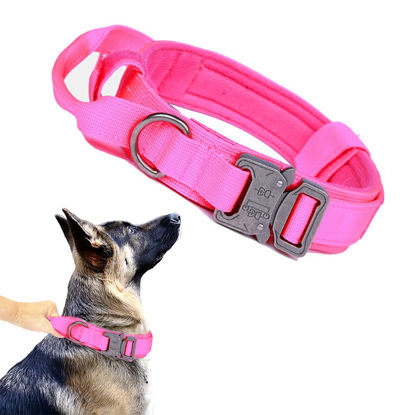 Picture of Tactical Dog Collar Military Dog Collar Adjustable Nylon Dog Collar Heavy Duty Metal Buckle with Handle for Dog Training (Pink,M)