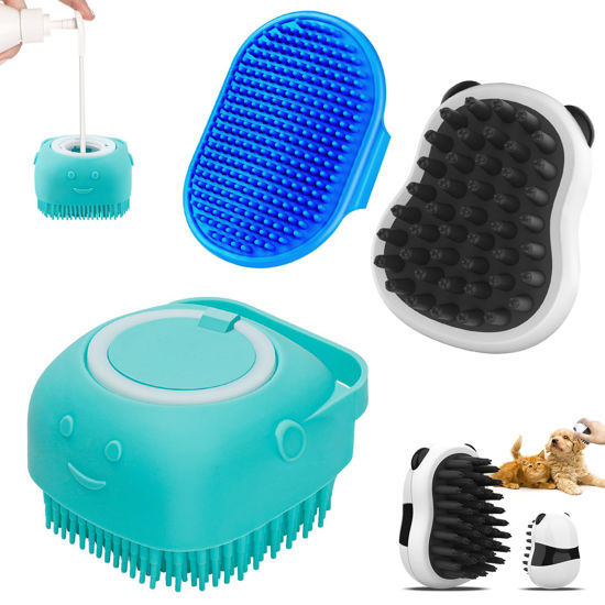 Picture of Comotech 3PCS Dog Bath Brush | Dog Shampoo Brush | Dog Scrubber for Bath | Dog/Grooming/Washing Brush Scrubber with Adjustable Ring Handle for Short & Long Haired Dogs/Cats (Blue Blue White)