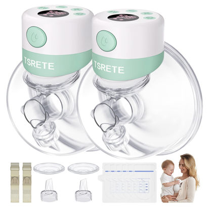 Picture of TSRETE Double Wearable Breast Pump, Electric Hands-Free Breast Pumps with 2 Modes, 9 Levels, LCD Display, Memory Function Rechargeable with Massage and Pumping Mode 24mm Flange-Green