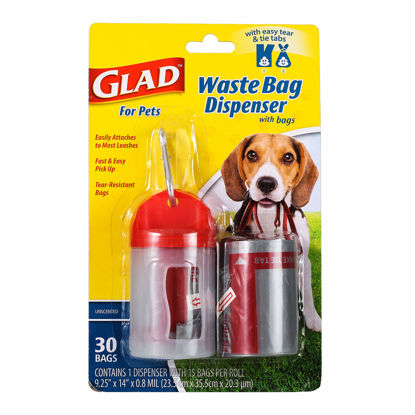 Picture of Glad for Pets Extra Large Unscented Heavy Duty Dog Waste Bags with Dispenser and Metal Clip | Plastic Disposable Poop Bags for Dogs, Easy to Use for Dog Walking, 30 Count