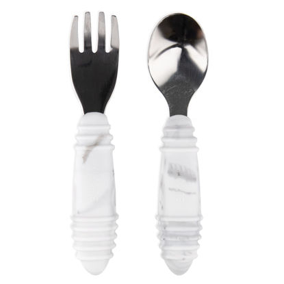 Picture of Bumkins Toddler Utensils, Kids Size Fork and Spoon Set, Silicone and Stainless-Steel Training Silverware, Angled Forks / Sporks for Self-Feeding, Children Hold Learning to Eat, 18 Months Up, Marble